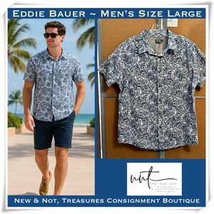 Eddie Bauer Men’s LG Button Up Shirt Hawaiian Blue Breathable Pockets Leaf Print